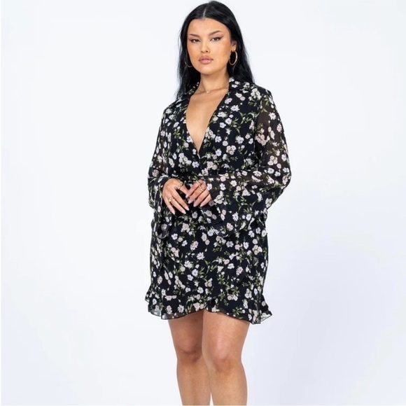Princess Polly Marty Long Sleeve Mini Dress Black Floral - Picture 4 of 8